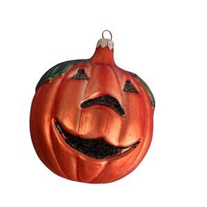 Blown Glass Smiley Pumpkin Ornament 5" x 4" Halloween & Autumn Decor